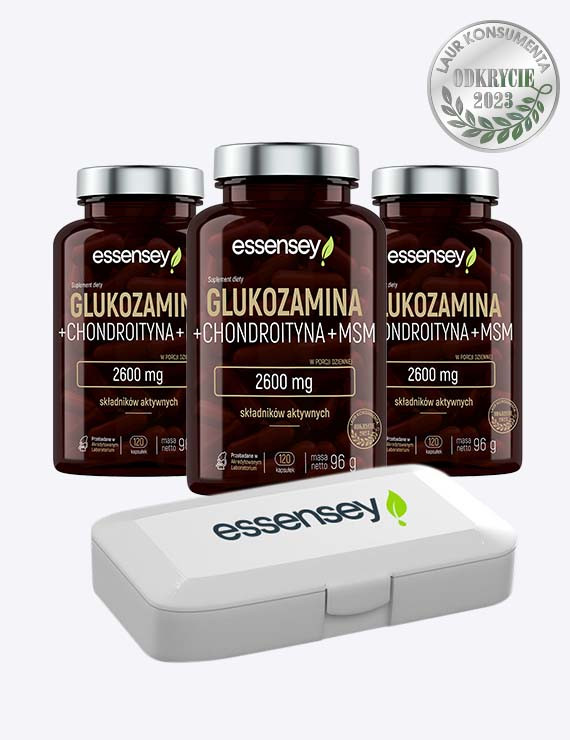 Zestaw Glukozaminy + Chondroityna + MSM w trzech opakowaniach + Pillbox