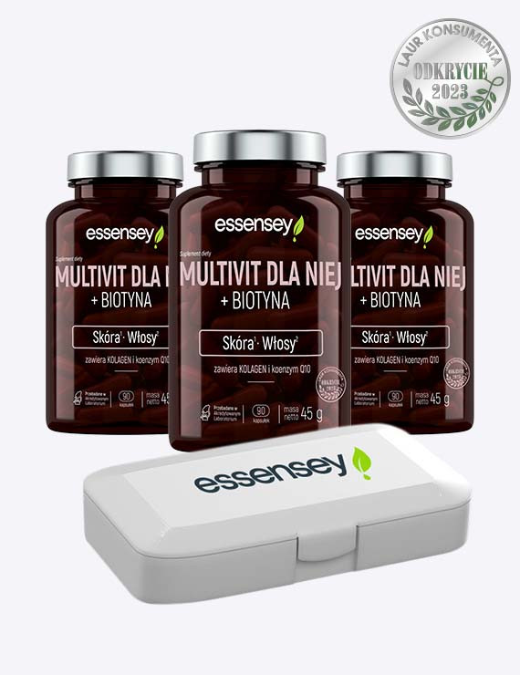 Zestaw Multivit dla Niej + Biotyna w trzech opakowaniach + Pillbox