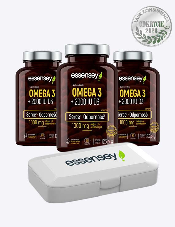 Zestaw Omega 3 + 2000 IU D3 w trzech opakowaniach + Pillbox