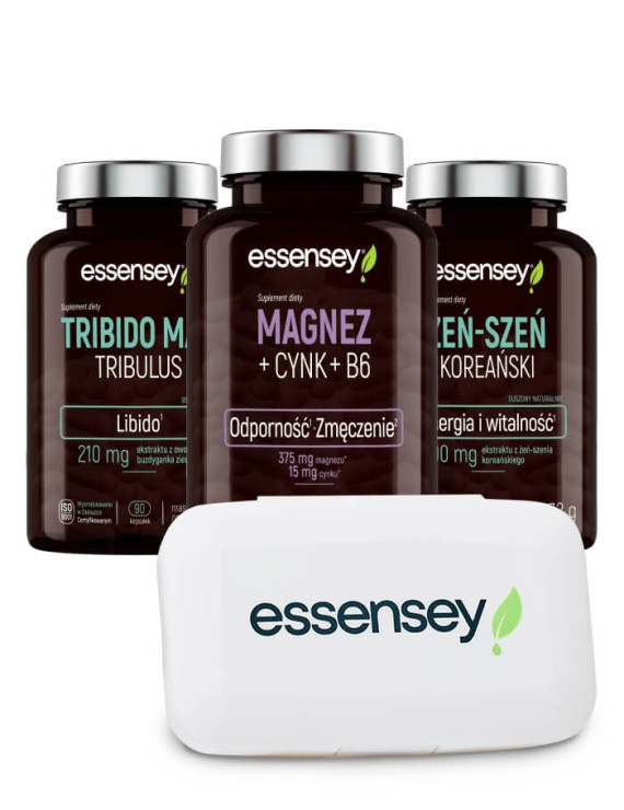 Żeń-szeń Magnez i Tribulus + Pillbox | Essensey | Potencja Witalność Żeń-szeń Magnez i Tribulus + Pillbox | Essensey | Potencja Witalność