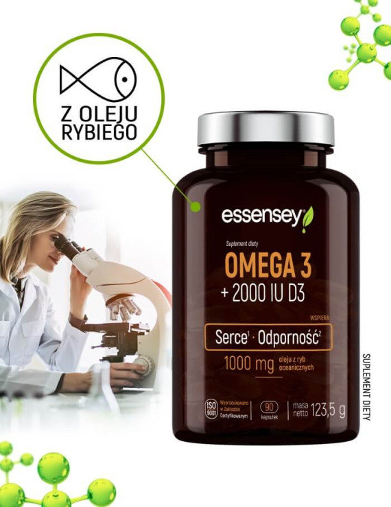 Omega 3 + 2000 IU D3 w 90 kaps | Essensey | Serce Mózg odporność Omega 3 + 2000 IU D3 w 90 kaps | Essensey | Serce Mózg odporność