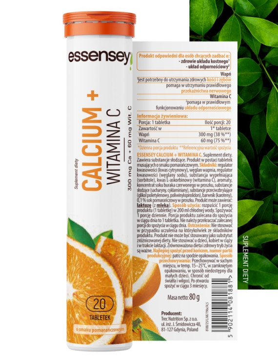 Wapń + Witamina C w 20 tabletkach musujących