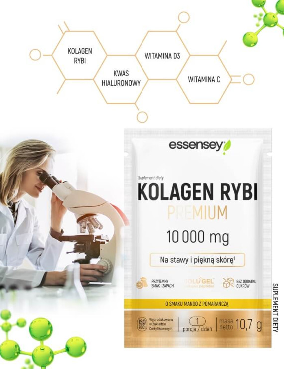 Zestaw 10x10,7 g Kolagen Rybi Premium Hydrolizowany Smak Mango-pomarańcza 10000 mg