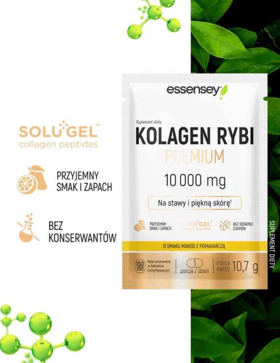 Zestaw 10x10,7 g Kolagen Rybi Premium Hydrolizowany Smak Mango-pomarańcza 10000 mg