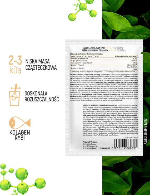 Zestaw 10x10,7 g Kolagen Rybi Premium Hydrolizowany Smak Mango-pomarańcza 10000 mg
